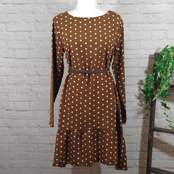 OYE Cute Brown Polkadot Casual Retro Boho Loose Fit Swing Long Sleeve Dress NWT - Picture 6 of 10